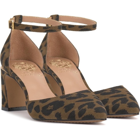 NWOB Vince Camuto Hendriy Leopard Leather Ankle Strap Block Heel Pumps Size 10M - Picture 1 of 17